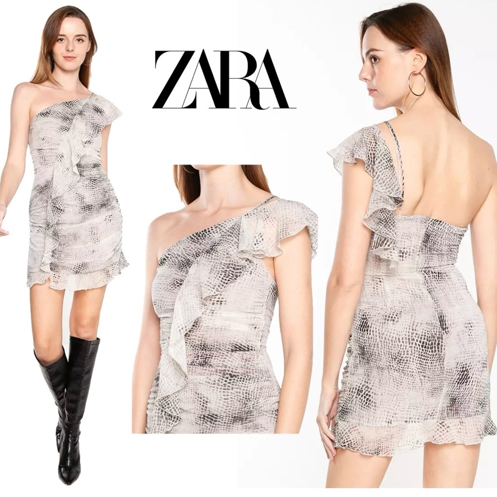 Zara animal snake print one Shoulder asymmetrical ruffle frill mini dress XL